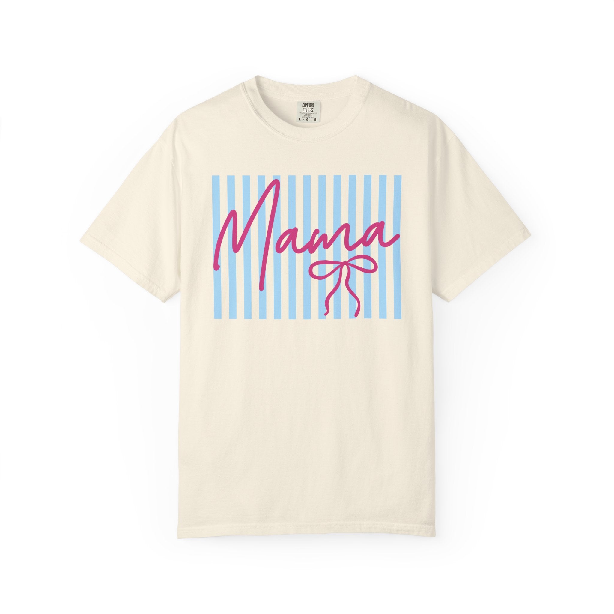 Mama Script Stripe T-Shirt — Pink Handwritten 'Mama' on Blue Stripes, Mother's Day Gift