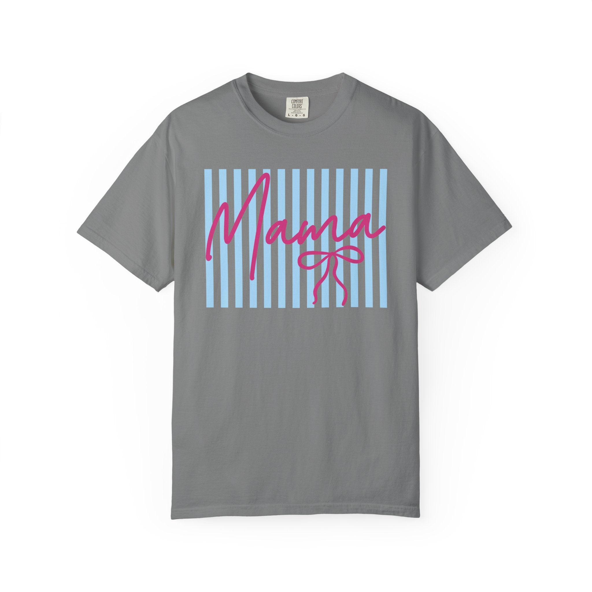 Mama Script Stripe T-Shirt — Pink Handwritten 'Mama' on Blue Stripes, Mother's Day Gift