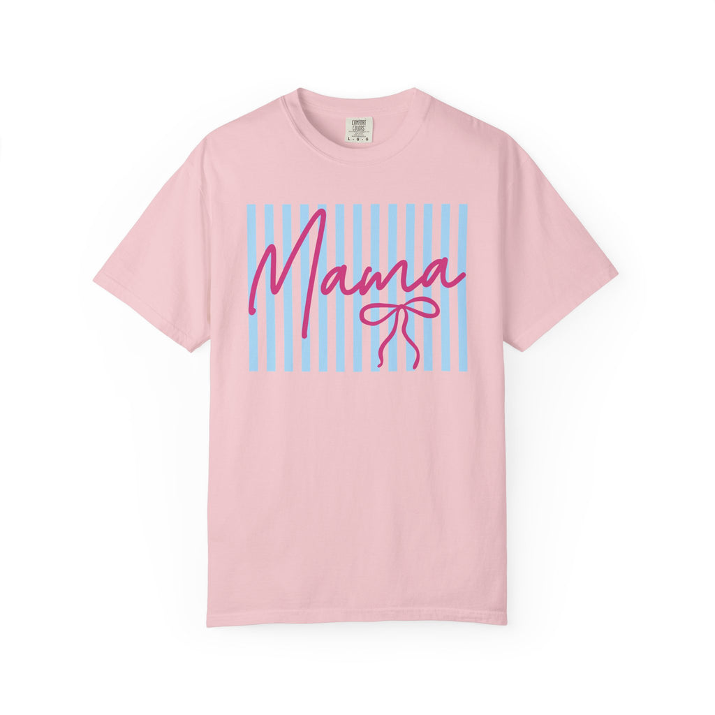 Mama Script Stripe T-Shirt — Pink Handwritten 'Mama' on Blue Stripes, Mother's Day Gift
