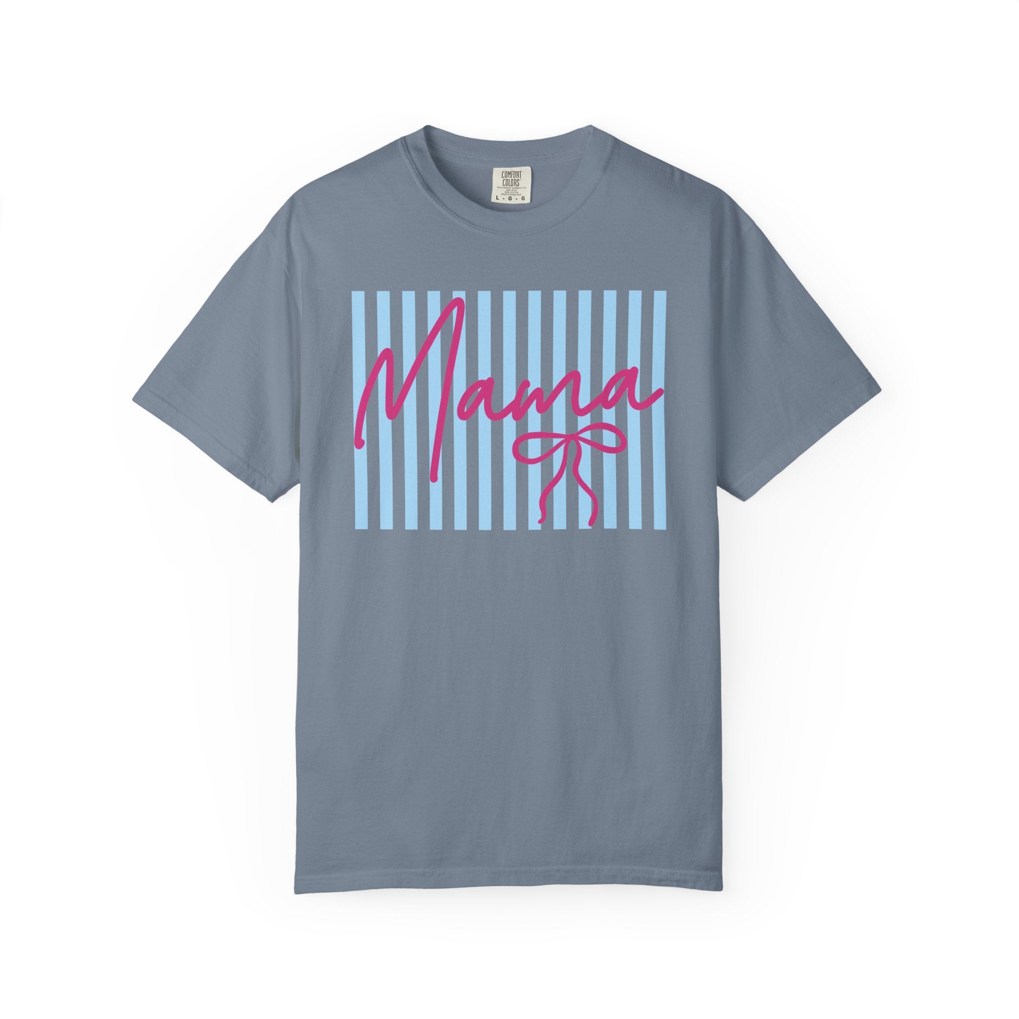 Mama Script Stripe T-Shirt — Pink Handwritten 'Mama' on Blue Stripes, Mother's Day Gift
