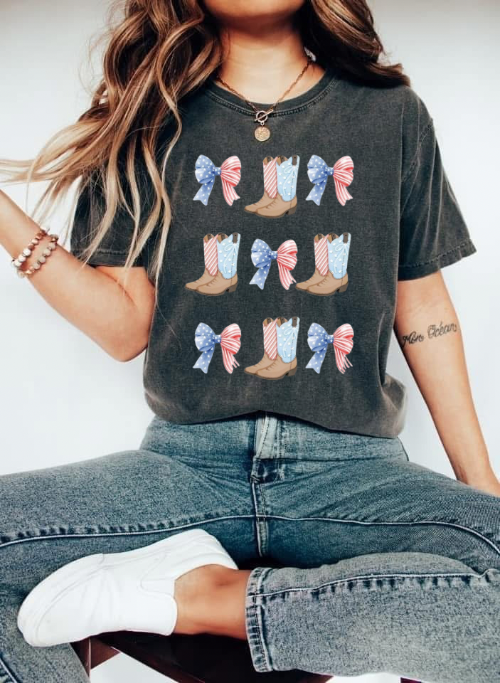 Cowboy Boots & Bows Graphic T-Shirt — Western Pink & Blue Rodeo Tee