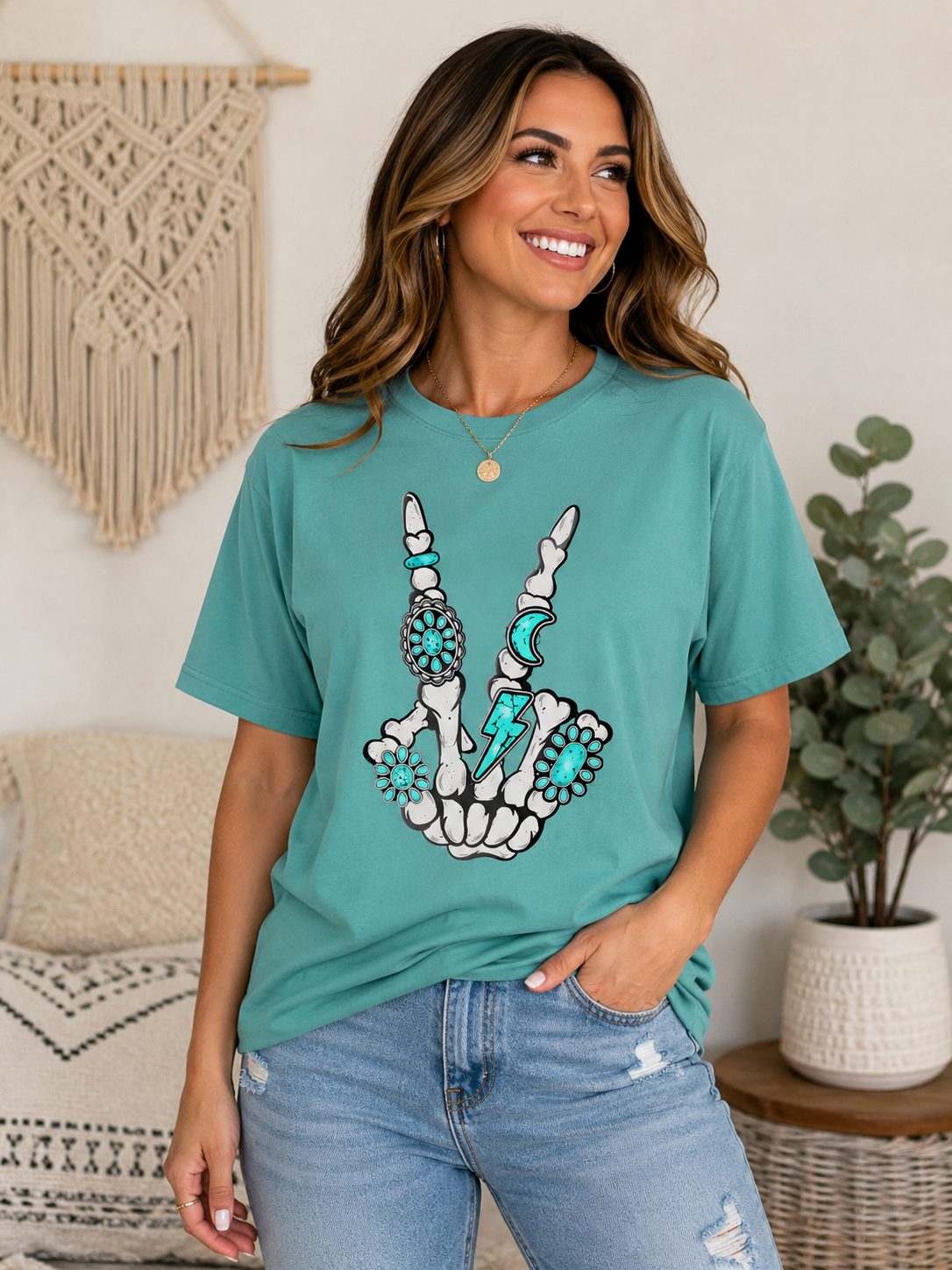 Skeleton Peace Hand T-Shirt — Floral Rock & Roll Skull Graphic Tee