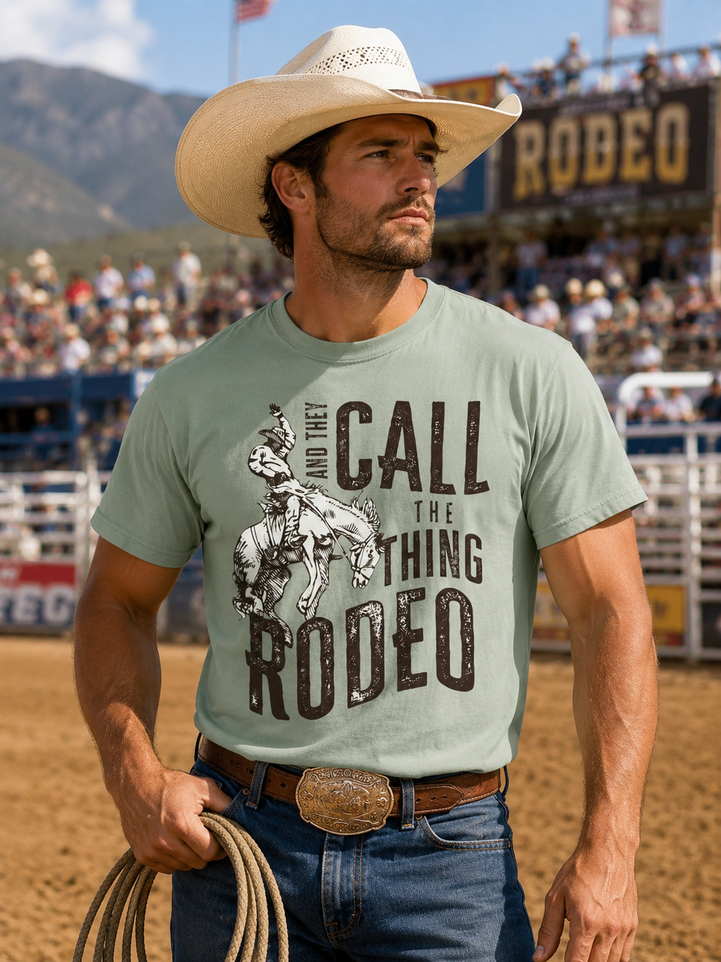 Rodeo Bucking Bull T-Shirt — "And They Call The Thing Rodeo" Western Graphic Tee