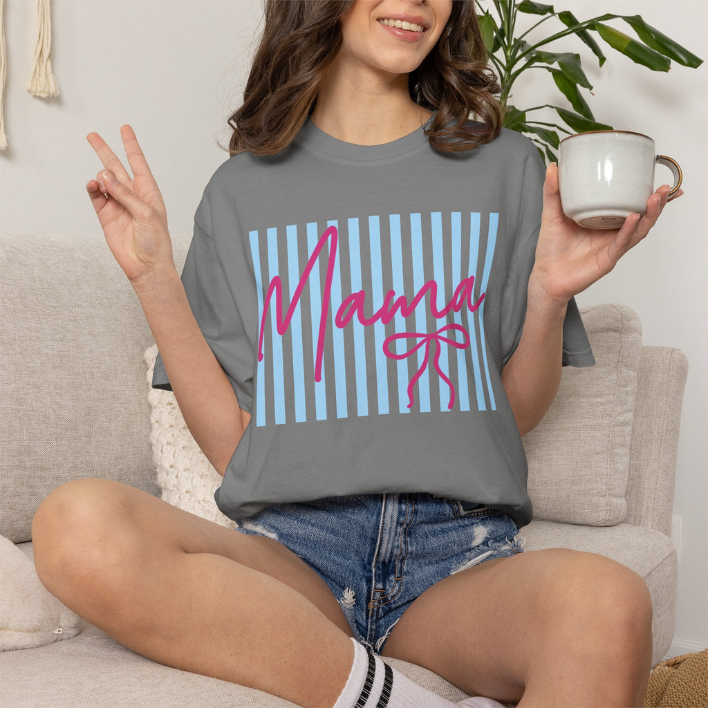 Mama Script Stripe T-Shirt — Pink Handwritten 'Mama' on Blue Stripes, Mother's Day Gift