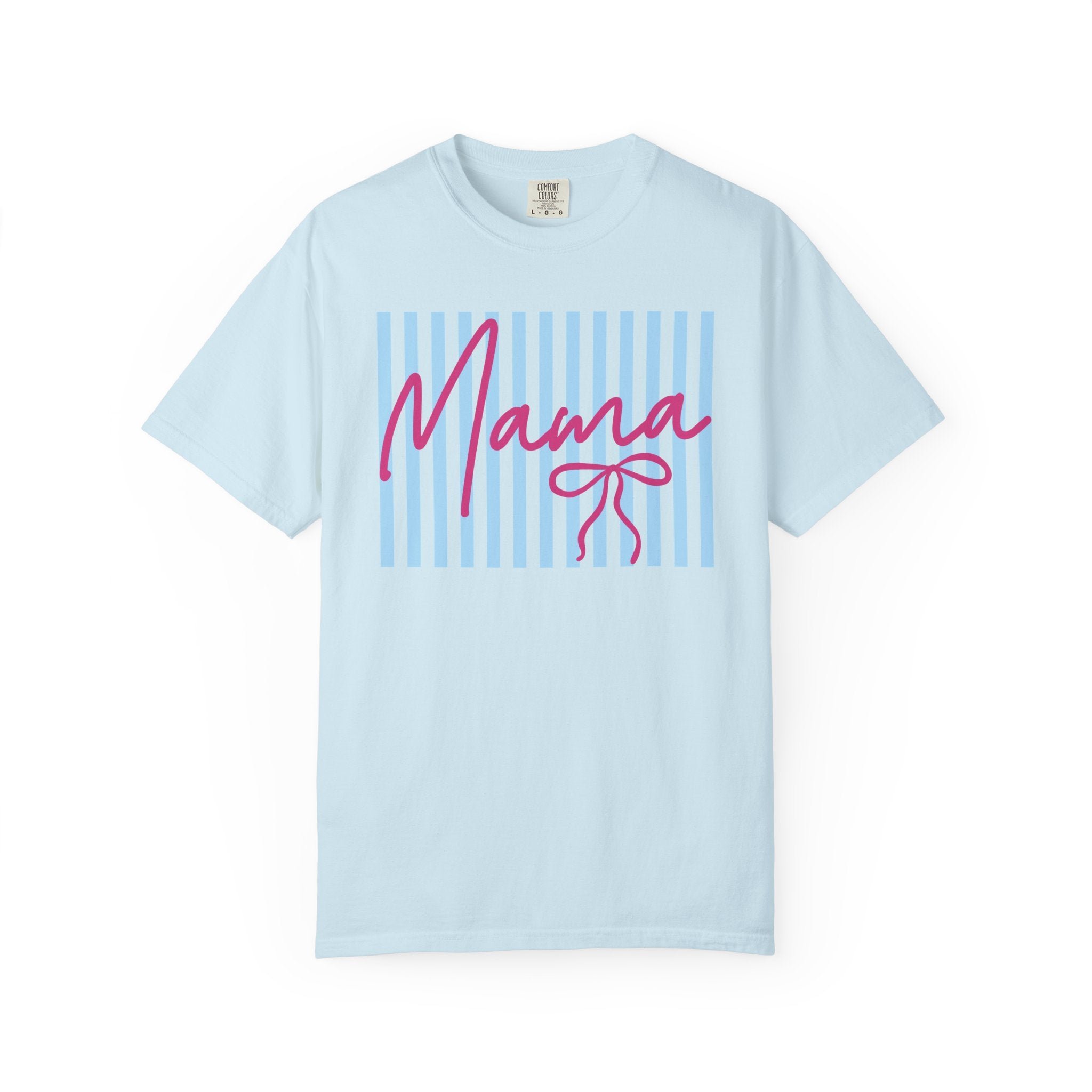 Mama Script Stripe T-Shirt — Pink Handwritten 'Mama' on Blue Stripes, Mother's Day Gift