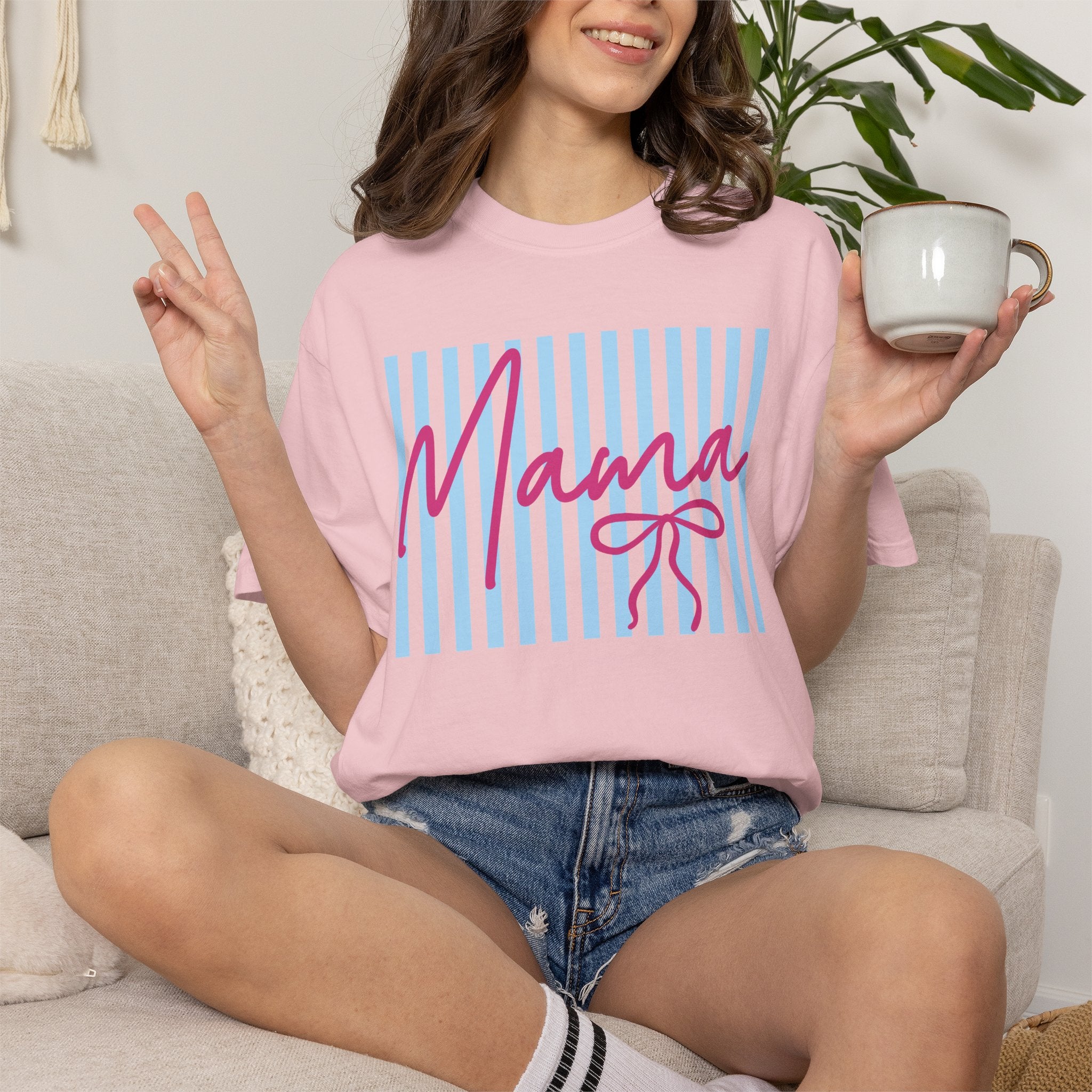 Mama Script Stripe T-Shirt — Pink Handwritten 'Mama' on Blue Stripes, Mother's Day Gift