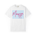 Mama Script Stripe T-Shirt — Pink Handwritten 'Mama' on Blue Stripes, Mother's Day Gift