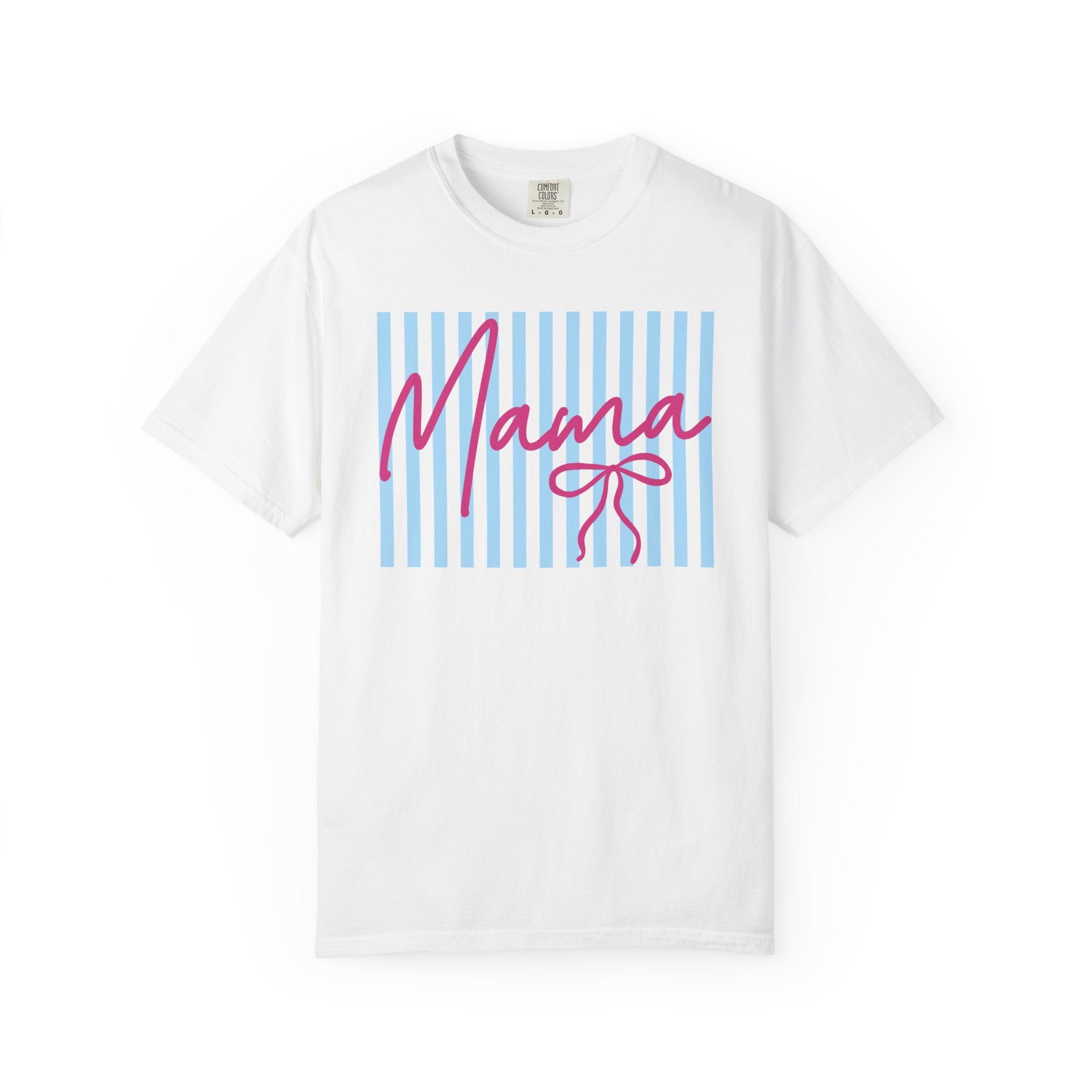 Mama Script Stripe T-Shirt — Pink Handwritten 'Mama' on Blue Stripes, Mother's Day Gift
