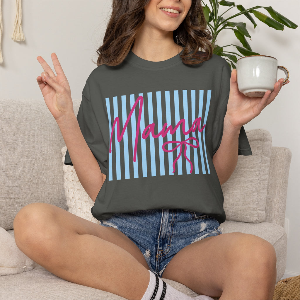 Mama Script Stripe T-Shirt — Pink Handwritten 'Mama' on Blue Stripes, Mother's Day Gift