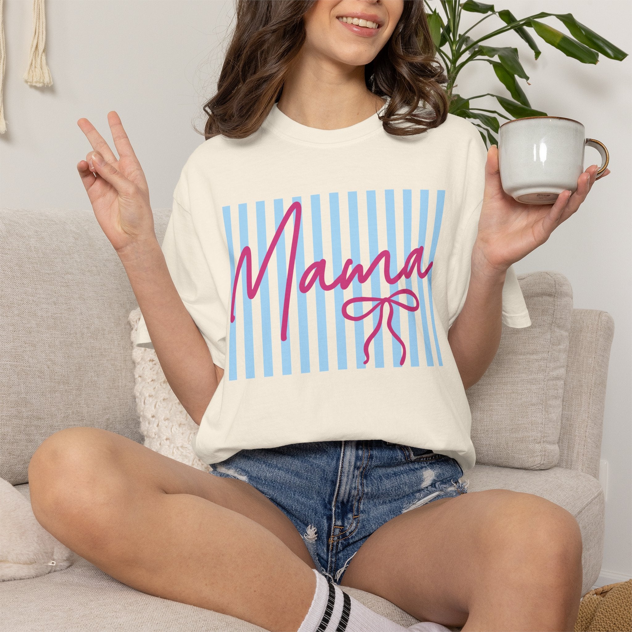 Mama Script Stripe T-Shirt — Pink Handwritten 'Mama' on Blue Stripes, Mother's Day Gift