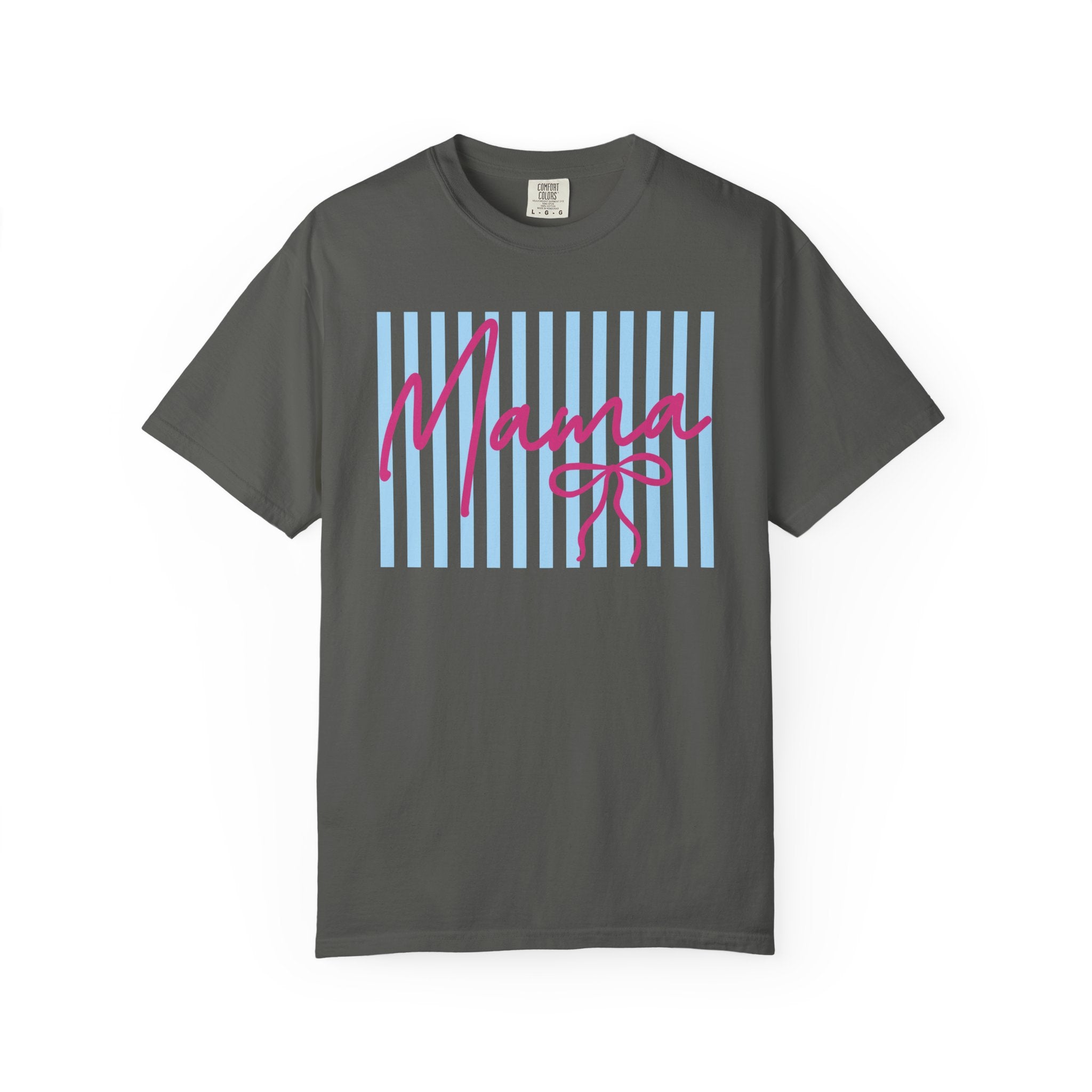Mama Script Stripe T-Shirt — Pink Handwritten 'Mama' on Blue Stripes, Mother's Day Gift